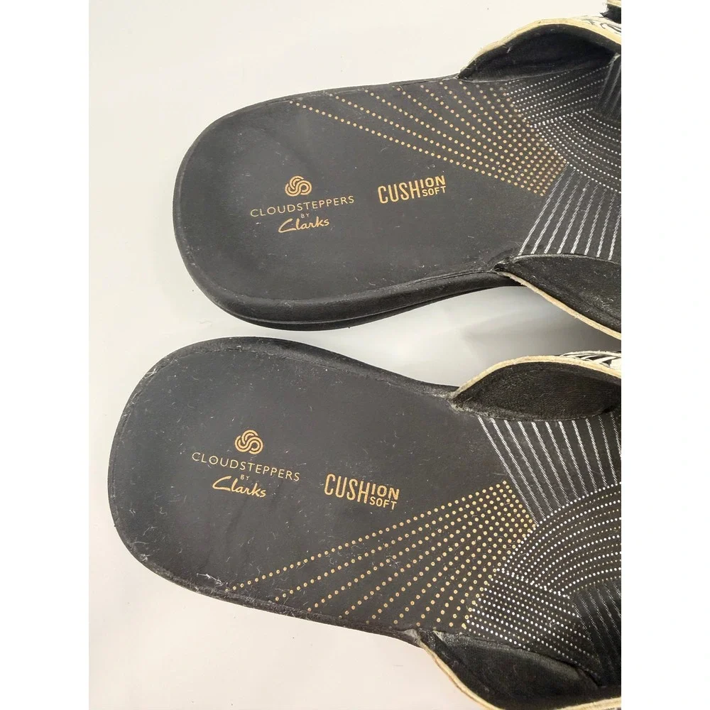 Clarks Cloudsteppers Womens Zebra Print Cushion Soft Thong Sandals Black White 7